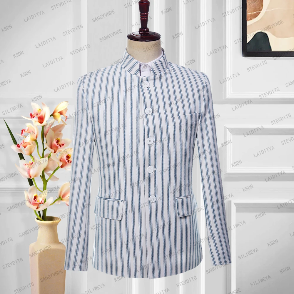 

2023 New Fashion Men Suit Jacket Coat Summer Business Formal Linen Light Blue Stripe Slim Fit Groom Wedding Dress