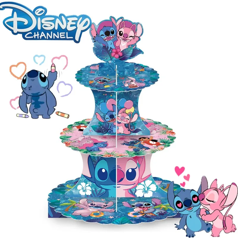 Disney Stitch Cake Stand 3 Tier Dessert Birthday Party Decoration Cute Cartoon Lilo & Stitch Angel Paper Cake Tower Party Supply