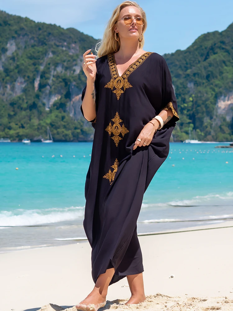 2023 Elegant Gold Embroidered Long Kaftan Retro V-neck Black Maxi Dress Women Summer Clothes Beach Wear Swim Suit Cover Up Q1373