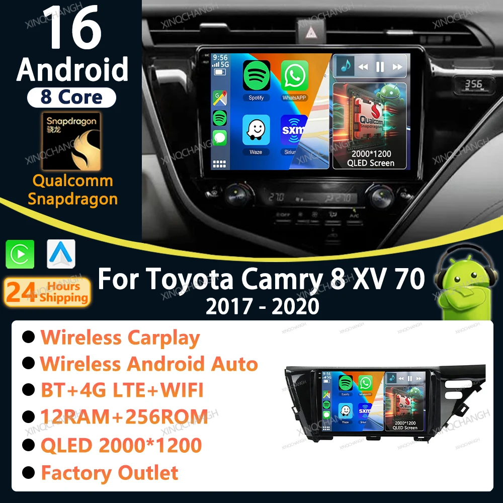 Android 16 Car Radio Carplay Auto For Toyota Camry 8 XV 70 2017 - 2020 Fascia Panel 2 DIN Stereo Dash Fitting Panel Kit Player