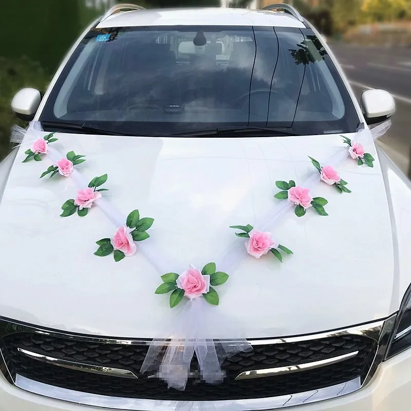 Multi-scene White Fake Rose Silk Flower Tulle Garland For Wedding Car Door Handle Mirror Hood Decor Supplies