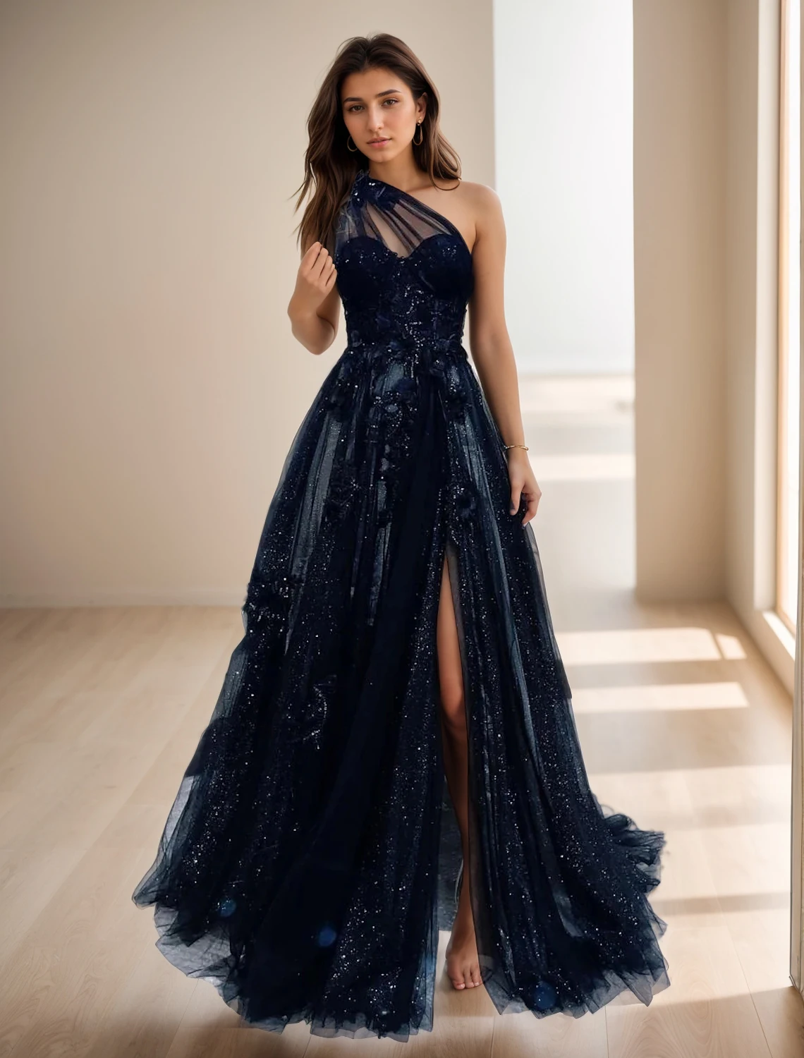 A-Line สีดําชุดราตรีอย่างเป็นทางการ Sweep Train หนึ่งไหล่ Tulle Backless Pleats Appliques Masquerade ชุด 2025 ฟรีที่กําหนดเอง