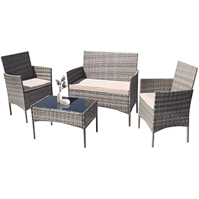 Patio Outdoor Furniture Set 4 Pieces Porch Wicker Chairs Sets Rattan Balcony Sofa Conversation Set for Backyard Lawn Pool