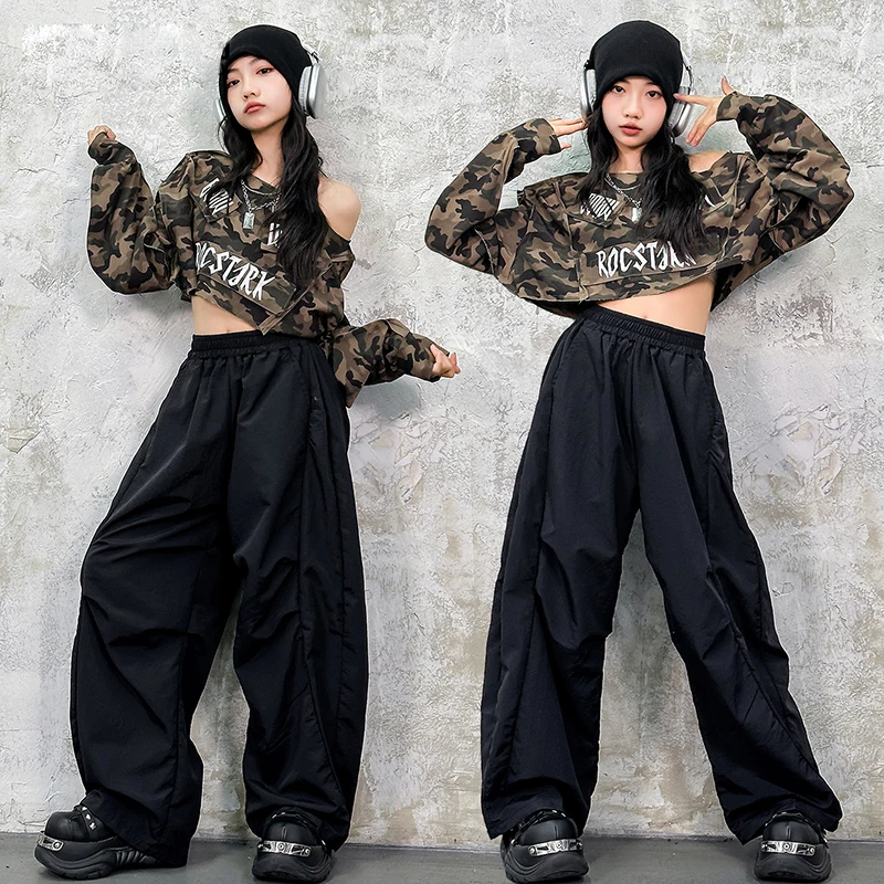Traje Kpop para niñas, ropa de actuación de baile de Jazz, Top de camuflaje, pantalones sueltos negros, traje de baile callejero, Ropa de baile de Jazz para niños 2292