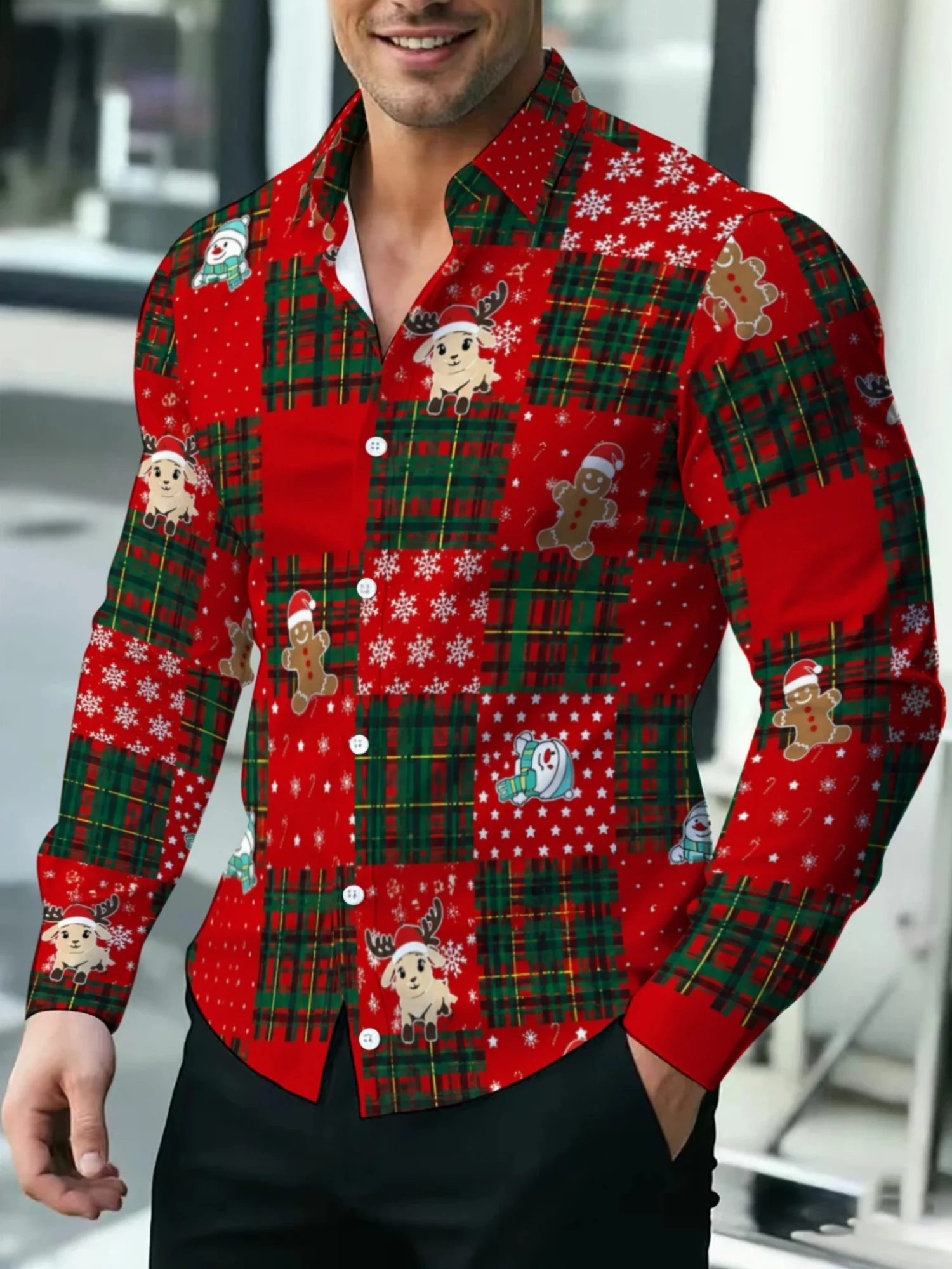 Men Long Sleeve Christmas Shirt Red Green Plaid Bear Snowflake Reindeer Print Button Down Holiday