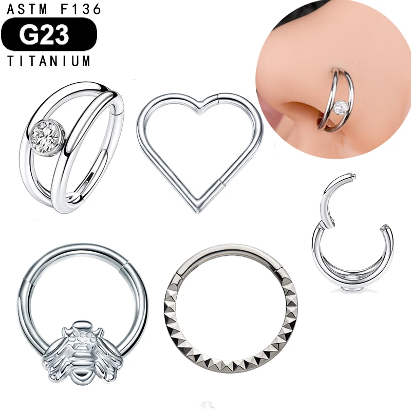 G23 Titanium Nose Ring 2 Fans Out Design CZ Hinged Segment Clicker Ear Cartilage Tragus Daith Earrings Helix Piercing Jewelry