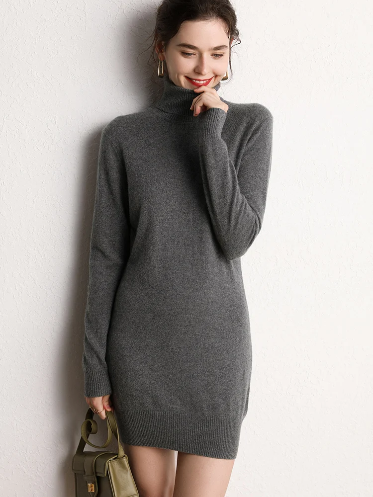 جديد الخريف الشتاء الياقة المدورة المرأة 100% سترة الكشمير المعنقة موضة أنيقة لينة الدافئة مريحة محبوك سليم صالح فستان الكشمير