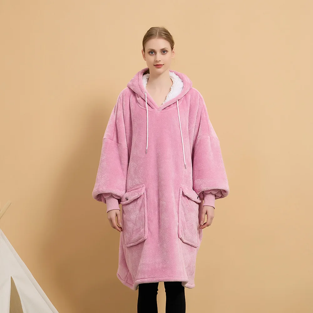 2024 Winter Warm Lazy Blanket Hooded Sweater Double-sided Fleece Thickened Home Clothes Pullover Hoodie Oversized Nightgown