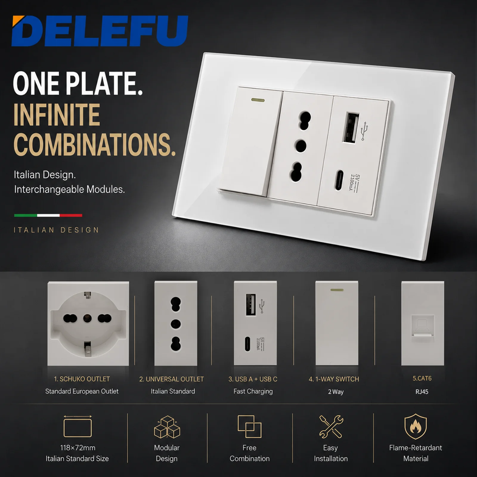 

DELEFU 122×76mm Italian Standard Modular Wall Socket Switch Panel, Schuko EU Socket Bipasso USB A Type C CAT6 RJ45 Internet Port