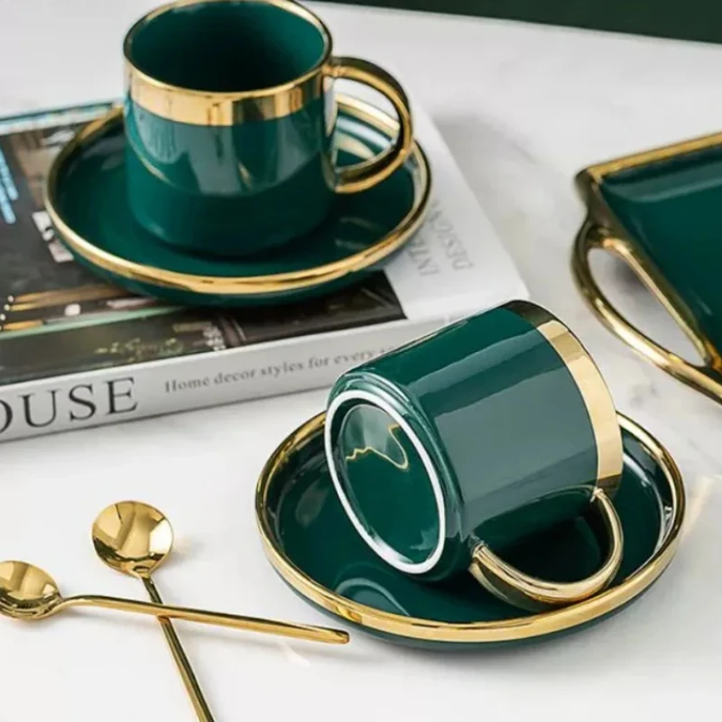 Green Coffee Cup Set with Spoon, Dim Sum Dish, Afternoon Tea, Black Tea Cup, Handle Mug, Household Tea Set