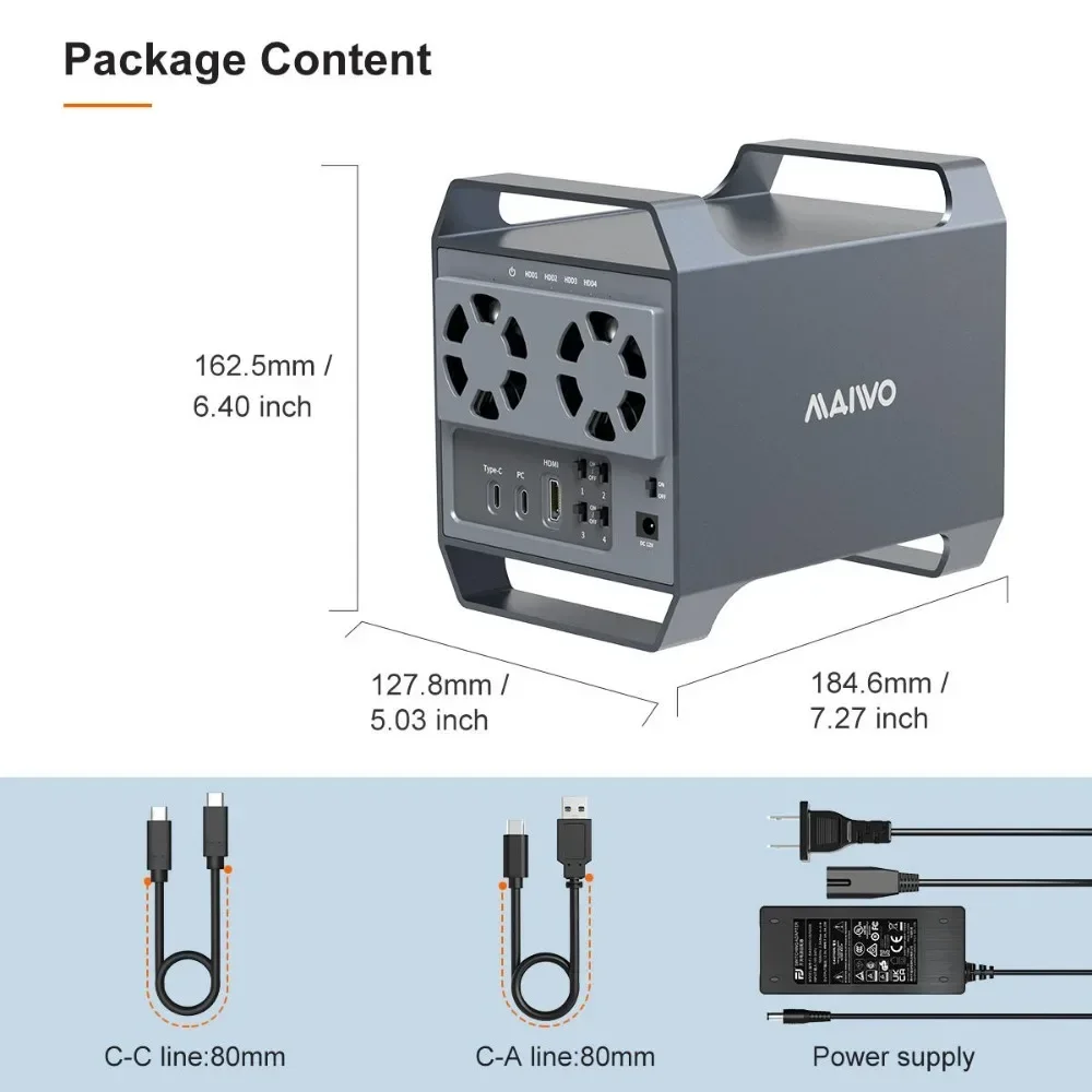 MAIWO 4 Bay Hard Drive Enclosure with USB-C 10Gbps Speed Aluminium for 3.5” HDD/SSD External SATA Drive Box With HDMI UASPe