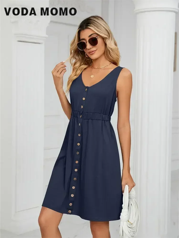 Vintage Elegant 2023 Summer Casual A-Line Womens Pullover Loose Pocket Dress Chic O-Neck Solid Sleeveless Long Dresses For Women