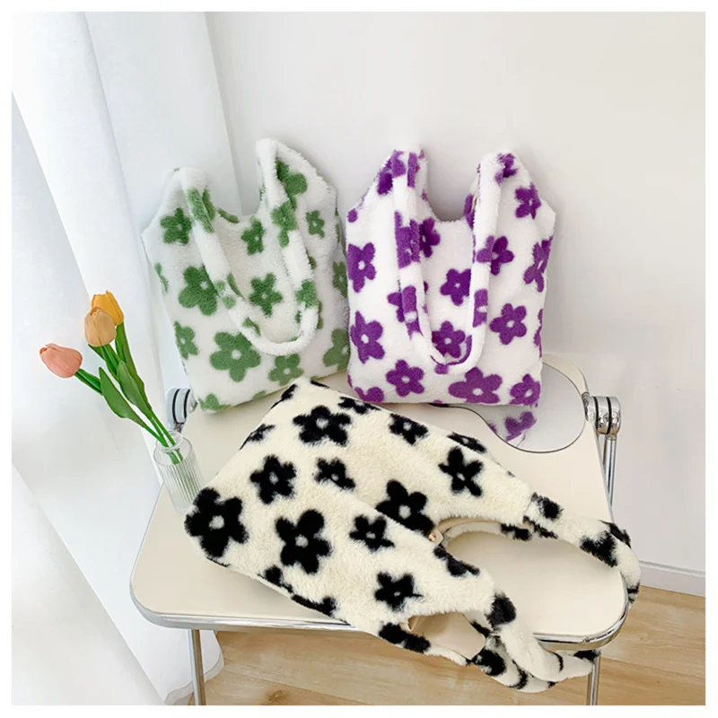 2023 Autumn New Crossbody Plush Bag Lovely Flower Soft Push Tote Vintage Casual Large Capacity Shopping s