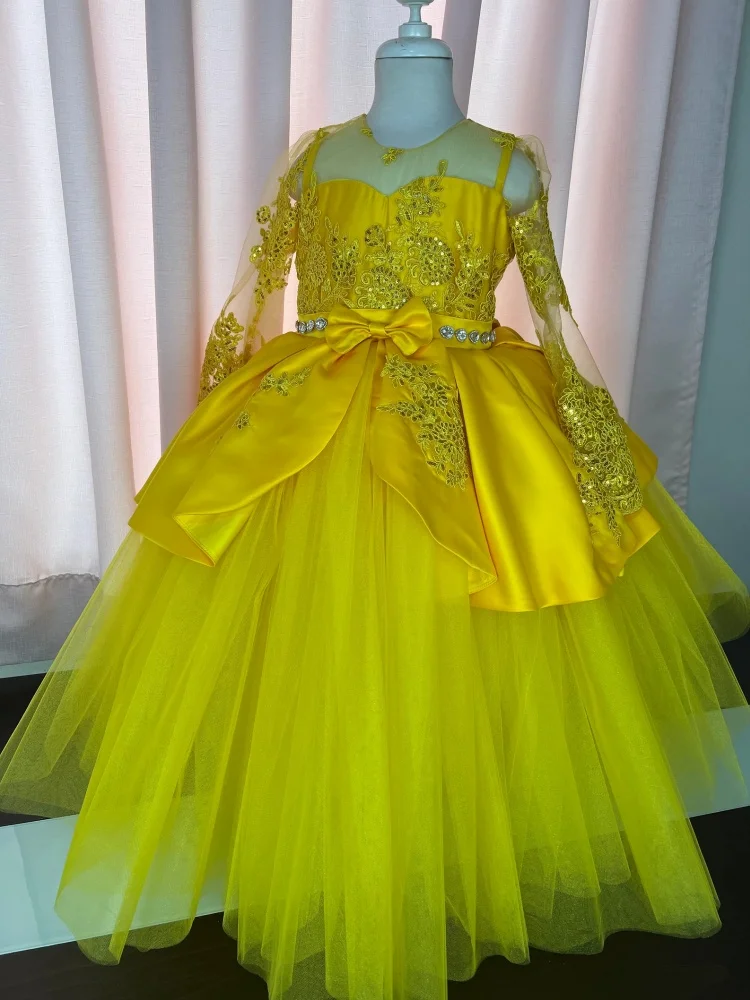 Custom Flower Girl Dress Cold Shoulder Sheer Long Sleeve Lace Applique Rhinestone Waist Bow Satin Overlay Multi-Layer Tulle