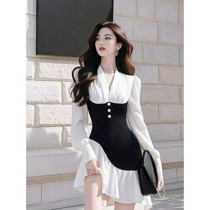 New Foreign Style Large Size Age-reducing Splicing Sister Thin Shirt Meat Cover Dress Temperament Women's Clothing Niche  Fresh