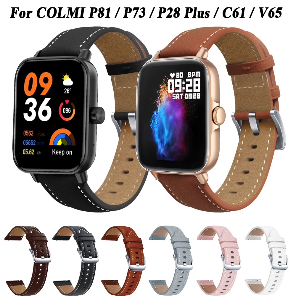 20mm Leather Replacement Sport Smart Watch Band For COLMI P28 Plus Bracelet Correa For COLMI P8/C80/C61/V23/M40/P81 Strap Belt