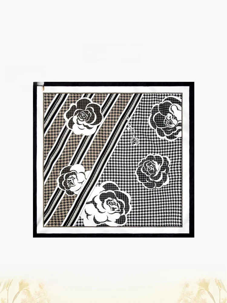 

Xinuosichou Silk Scarf Vintage Silk Lightweight Luxury Square Scarf Black White Tea Olive Leaf Print Spring Fashion