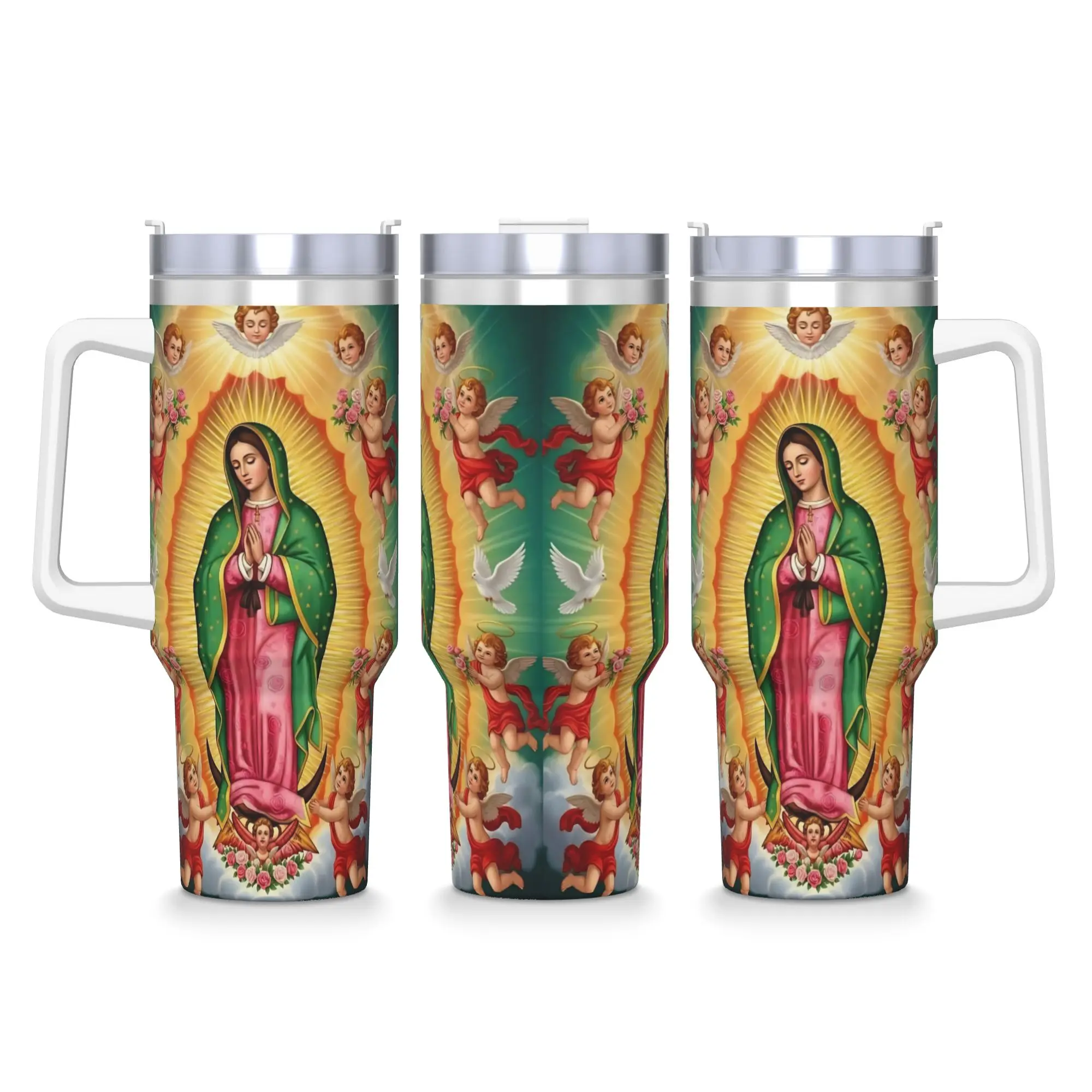 

Virgin Mary with Roses Car Mugs With Straws Travel Cold and Hot Water Bottle Insulated Large Capacity Coffee Mug