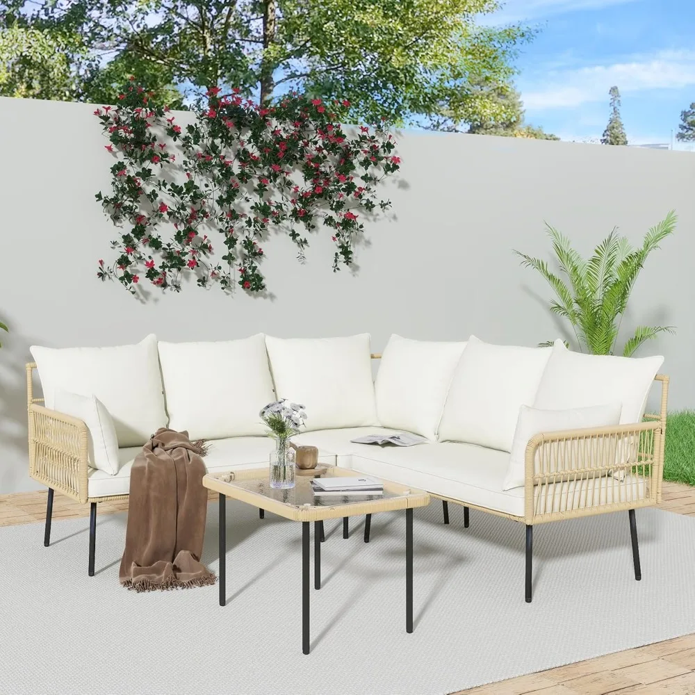 

Patio Furniture Set, 4-Piece L-Shaped Wicker Outdoor Furniture Patio Set,Boho Outdoor Sectional Set, Conversation Sofa Set with