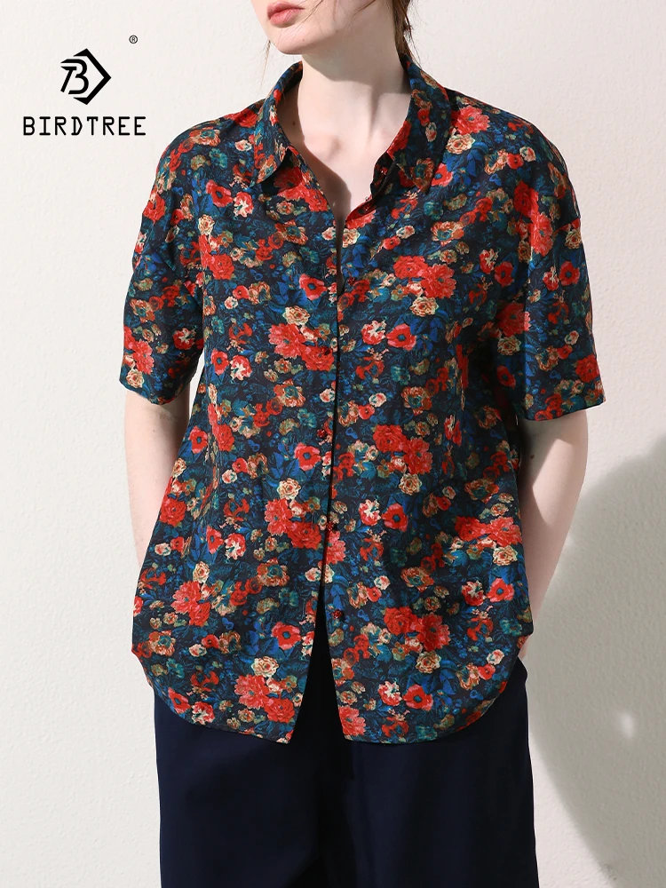 

BirdTree, 12MM 30%Real Silk Retro Shirt, Women Half Sleeve Print, Hong Kong Style Casual Vacation Blouse, 2024 Summer T45933QC