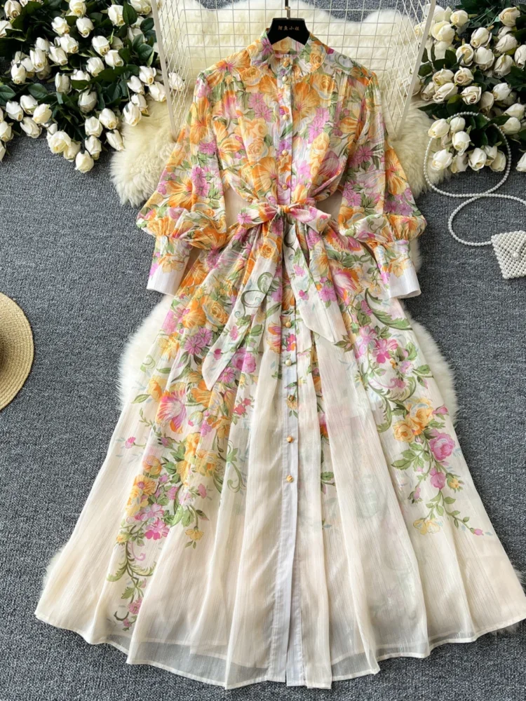 Women Chiffon Printed Dress Spring Autumn Standing Collar Long Sleeved Vintage Party Dresses Ladies French Floral Long Robe