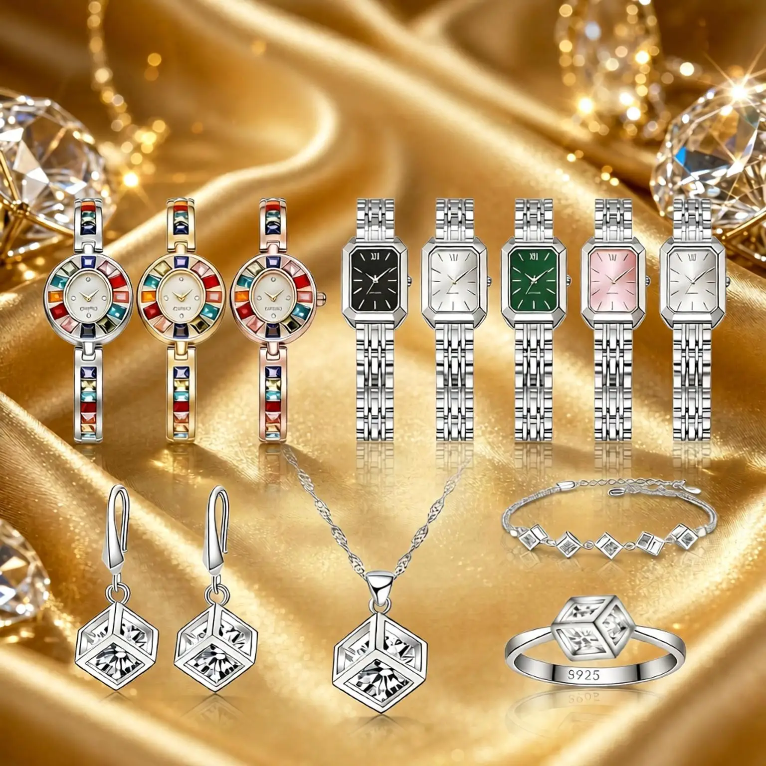 Exquisite 925 Sterling Silver Geometry Crystal Zircon Necklace Earring Watch Set for Women Anniversary Valentine's Day Best Gift