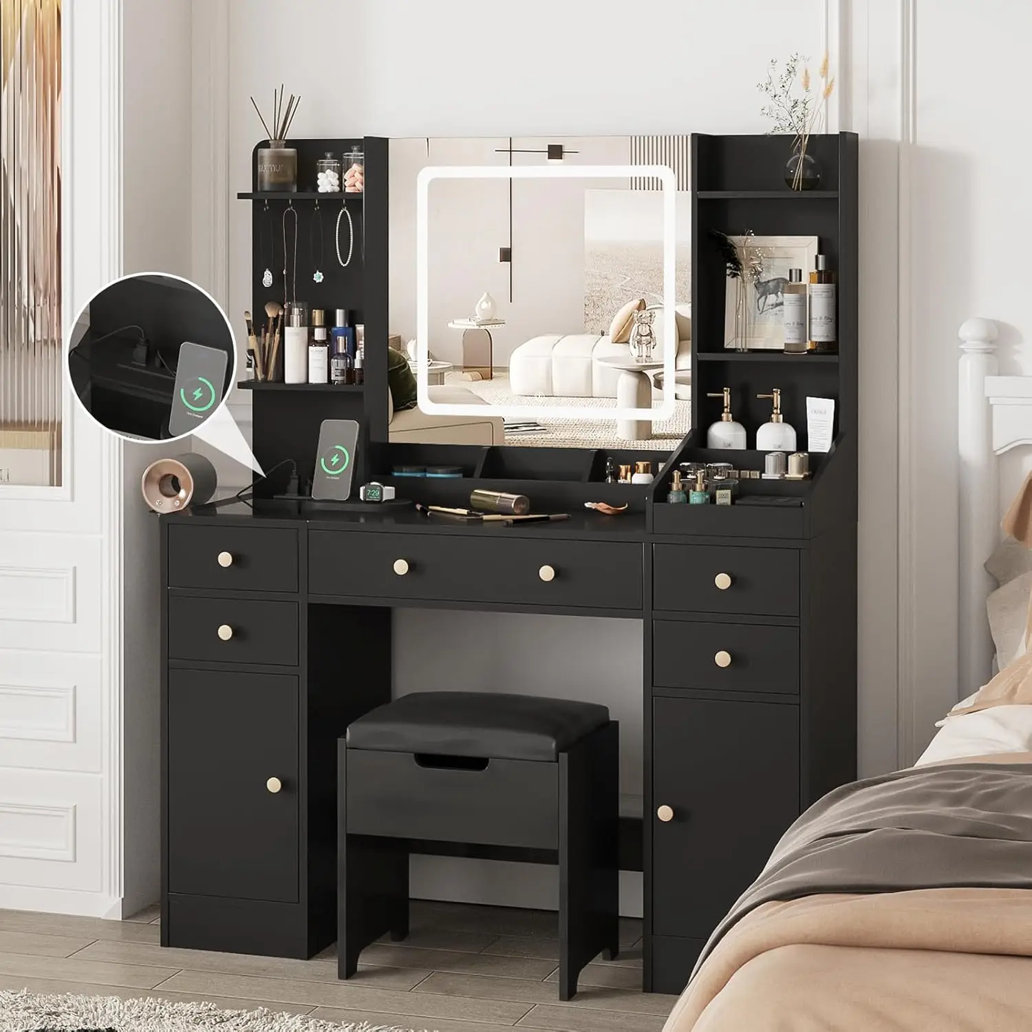 

10 Lights Power Outlets, Big Vanity with 3 Storage Compartments, Vintage Vanity with Large Drawers and Storage Cabinet, 45in