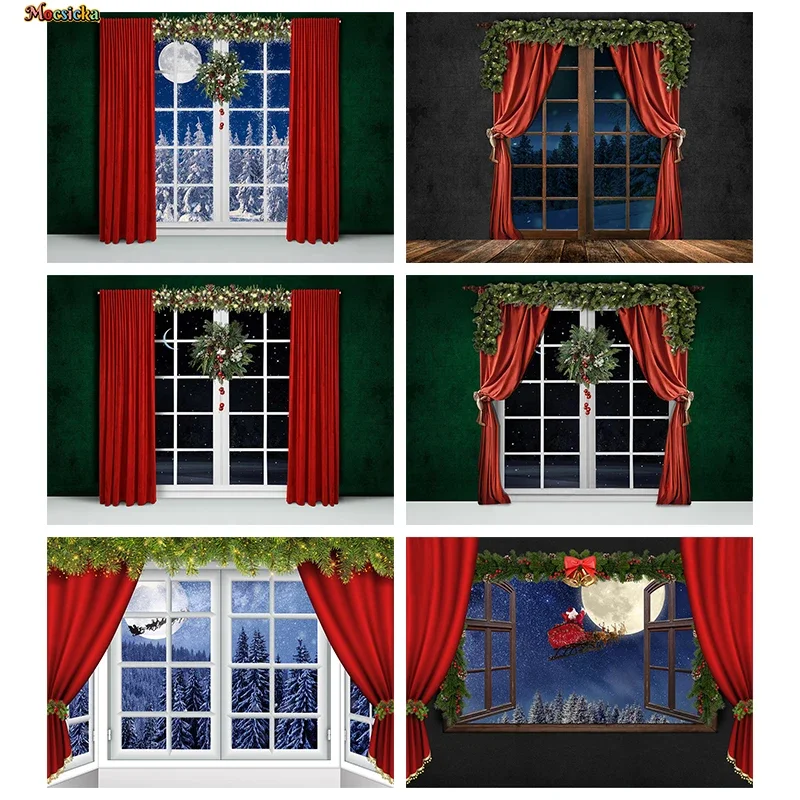 

Mocsicka Winter Christmas Decoration Photography Background Red Curtains Night Window View Moon Stars Snow Photos Backdrop Props