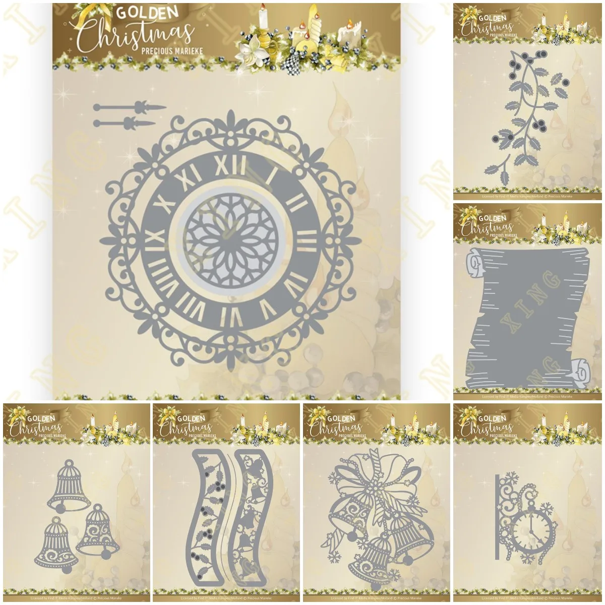 Golden Christmas Paper Scroll Holly Branch Wall Clock Bells New Metal Cutting Dies Scrapbook Diary Secoration Embossing Stencil