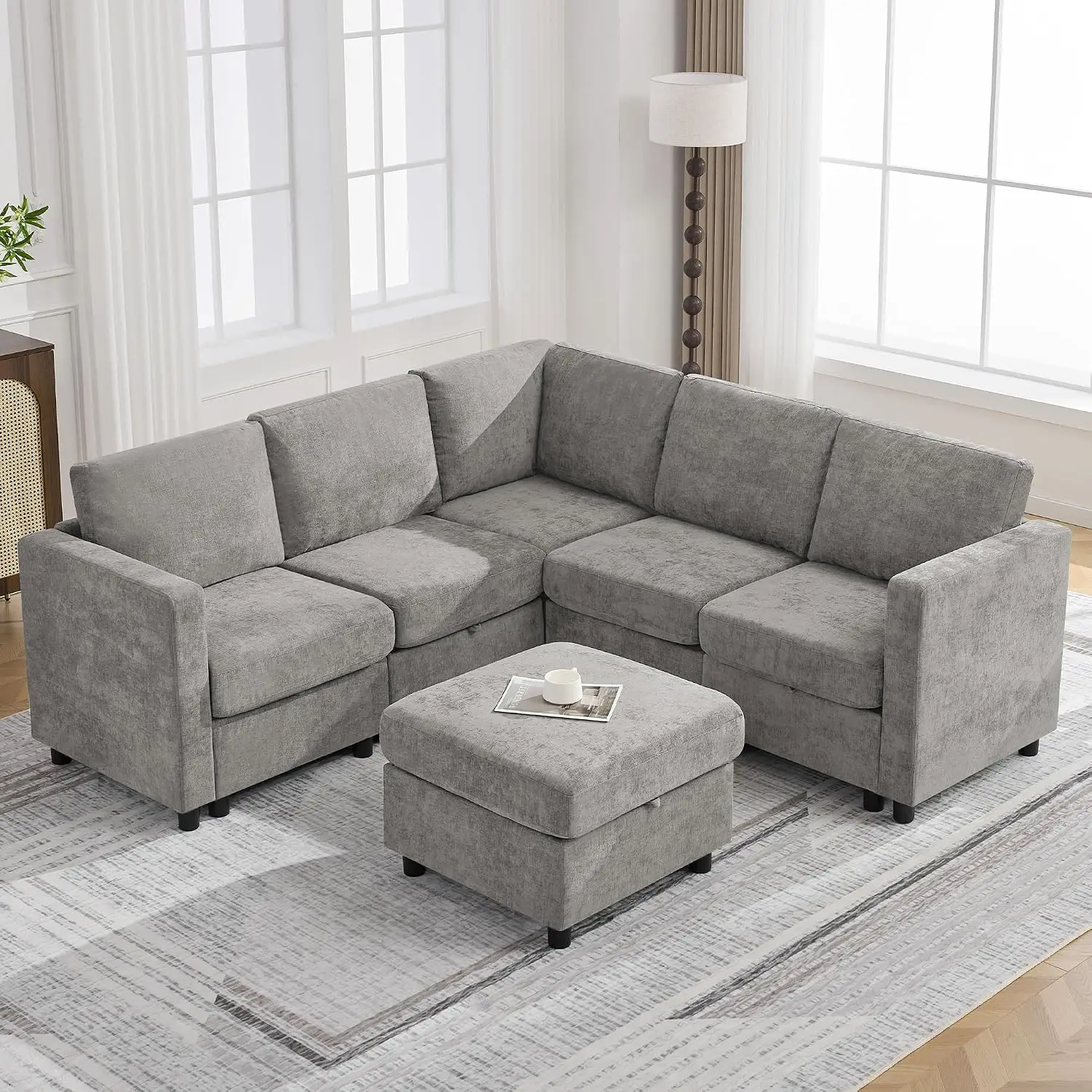 81'' V Shaped Modular Sofa With Storage For Living Room, Light Grey, Customized