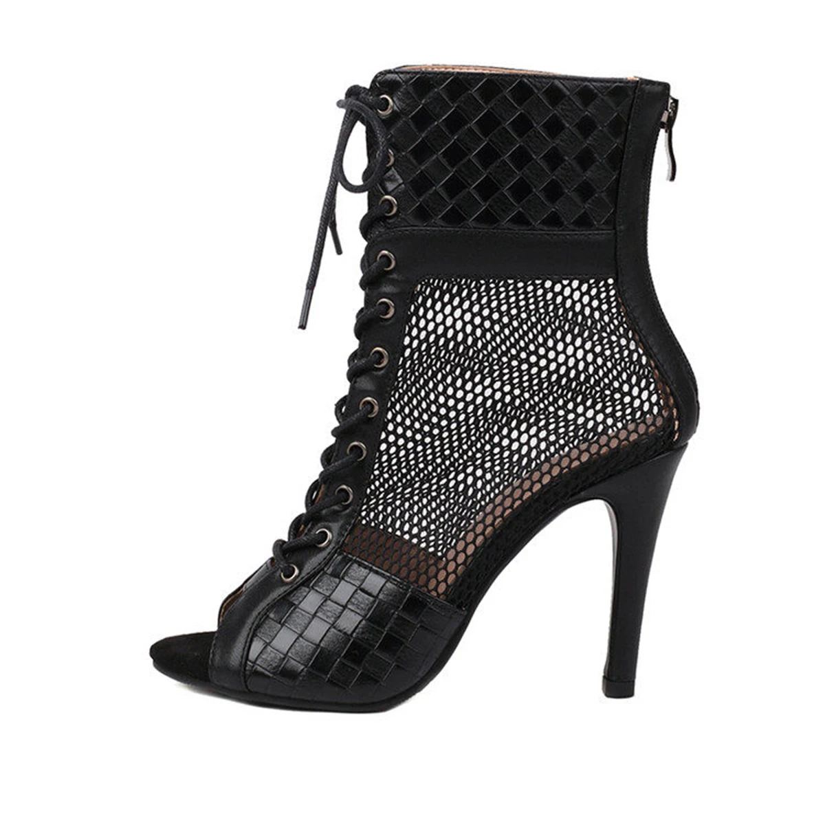 Sexy Women's 11cm Platform Peep Toe 4.3 inches Boots 9.5cm Gothic Mesh Heels 7cm Jazz Dance Rhinestone Stage Performance Punk