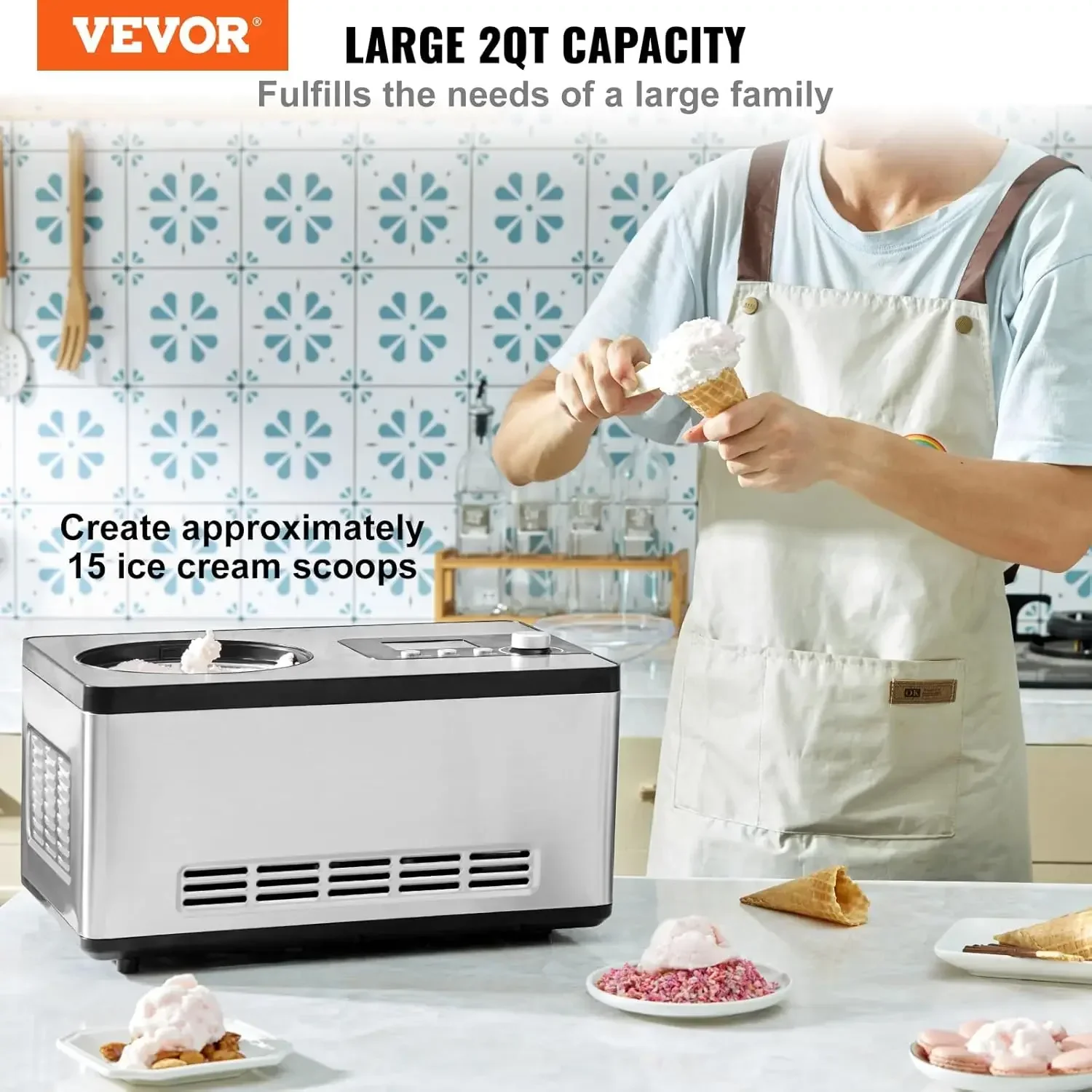 

[XMSJ]Automatic Ice Cream Maker with Built-in Compressor, 2 Quart No Pre-freezing Fruit Yogurt Machine,Stainless Steel Electric