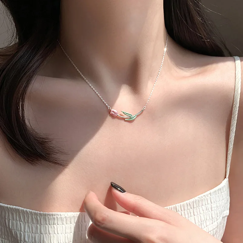 Aesthetics Oil dripping Tulip Pendant Necklace Women 925 Sterling Silver Fashion Charm Anniversary Jewelry Gift