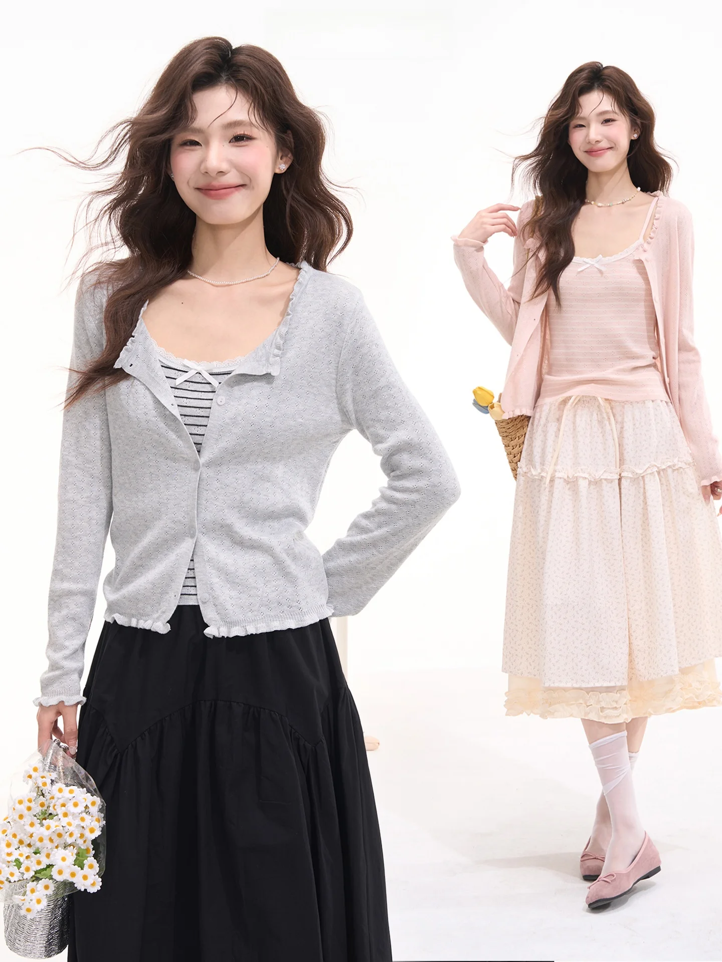 

Комплект из двух предметов в стиле принцессы: вязаный топ и кардиган с рюшами под дерево и полосками, с длинными рукавами, стандартный крой