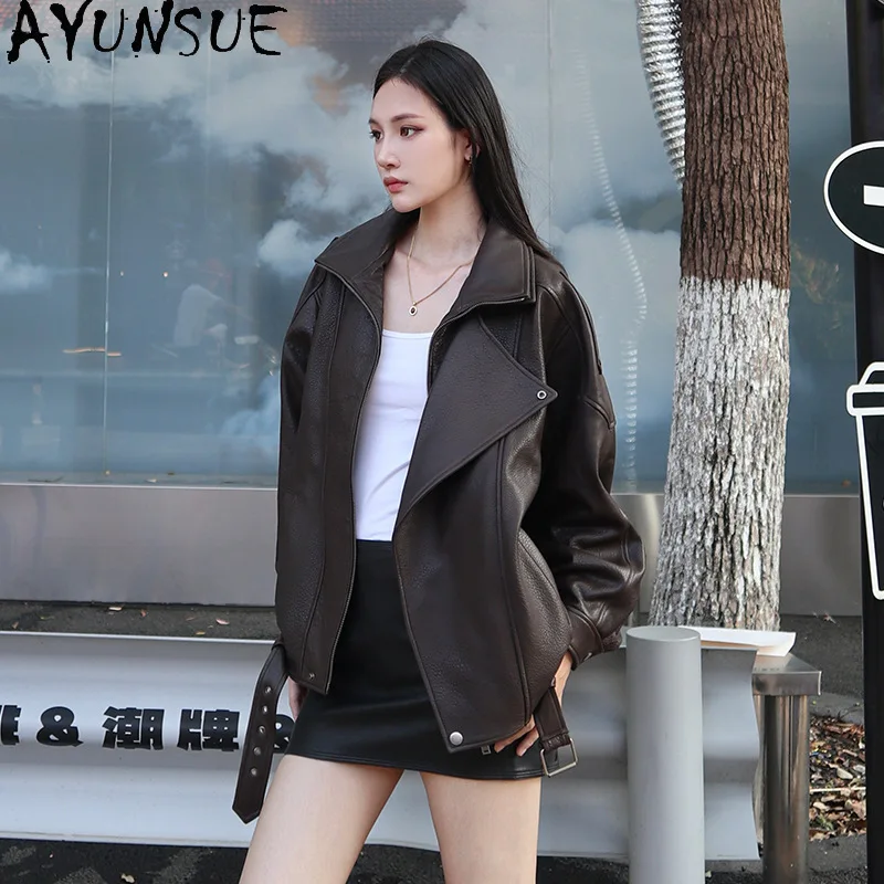 AYUNSUE ของแท้หนังแจ็คเก็ตผู้หญิง 2025 หนังแกะแท้แจ็คเก็ตสตรีฤดูใบไม้ผลิฤดูใบไม้ร่วงเสื้อผ้าหลวม Fitха ЖCasual