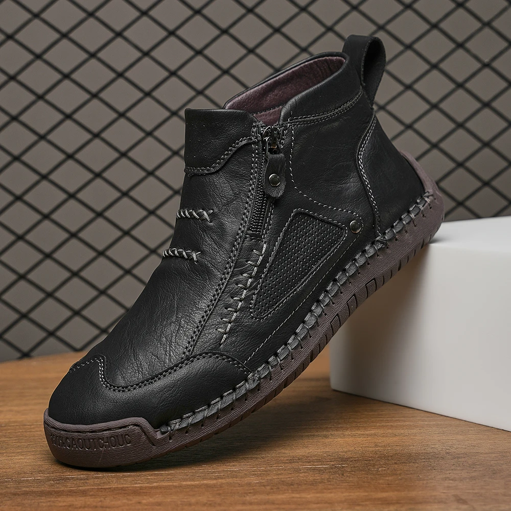 Men's Leather Ankle Boots Outdoor Casual Boots Casual Soft Sneakers Flat Lace-up Boots Handmade Large Size Mens Shoes Botines