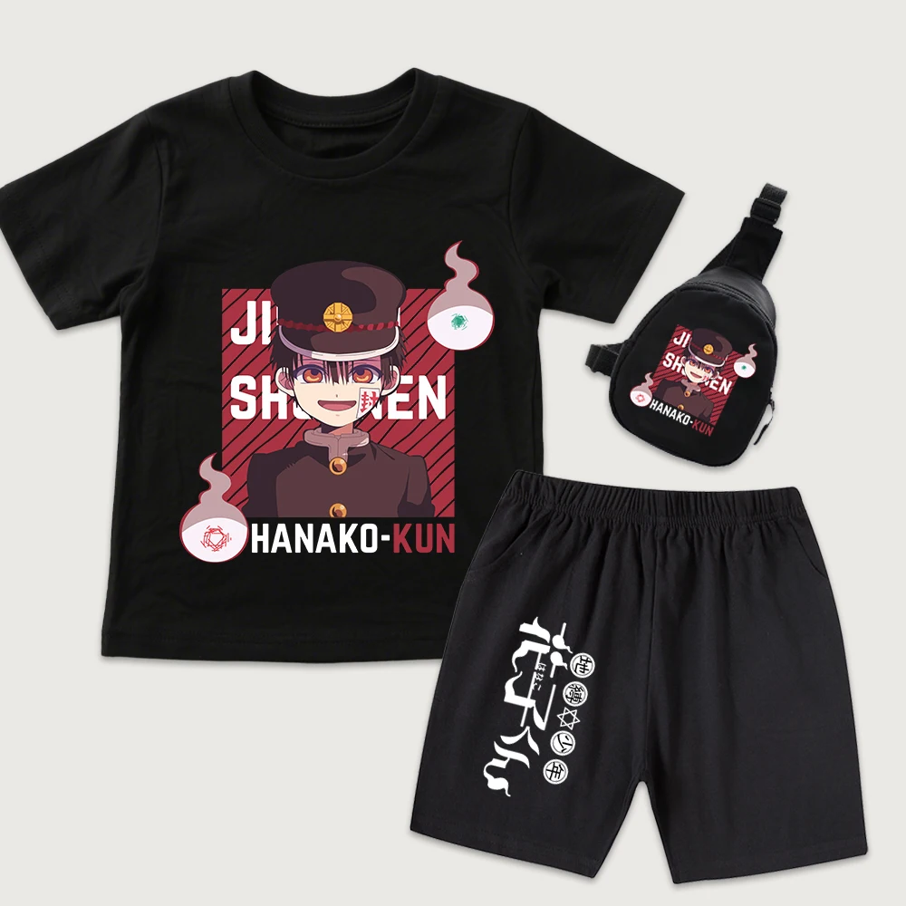 Conjunto de 3 Piezas de Camiseta de Algodón con Estampado de Anime Hanako Kun, Pantalones Cortos y Mini Bolso de Pecho para Niños y Niñas, Atuendo Casual de Verano