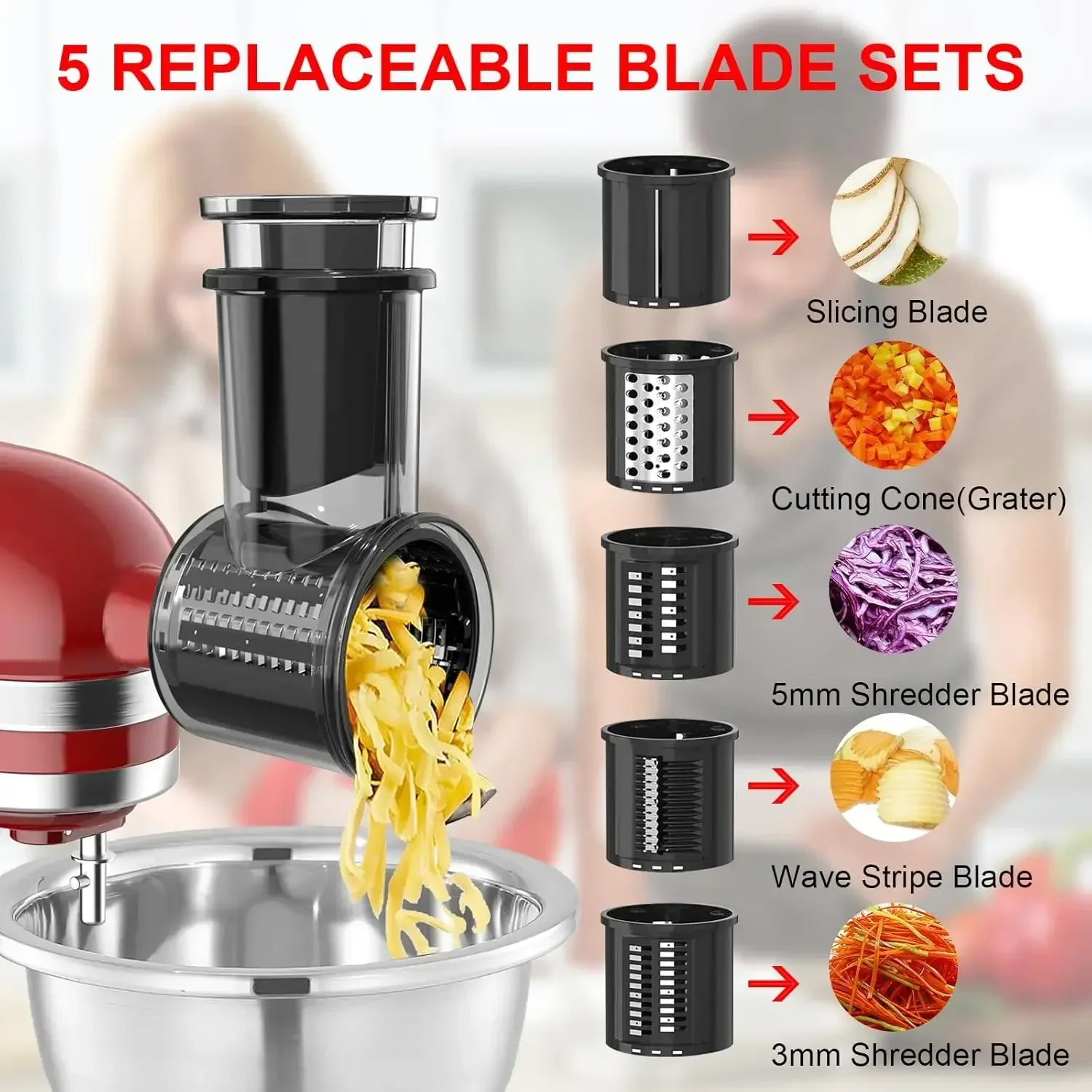 Slicer Shredder Attachment for KitchenAid Stand Mixer with 5 Blades, Large Feed Chute Cheese Grater Attachment