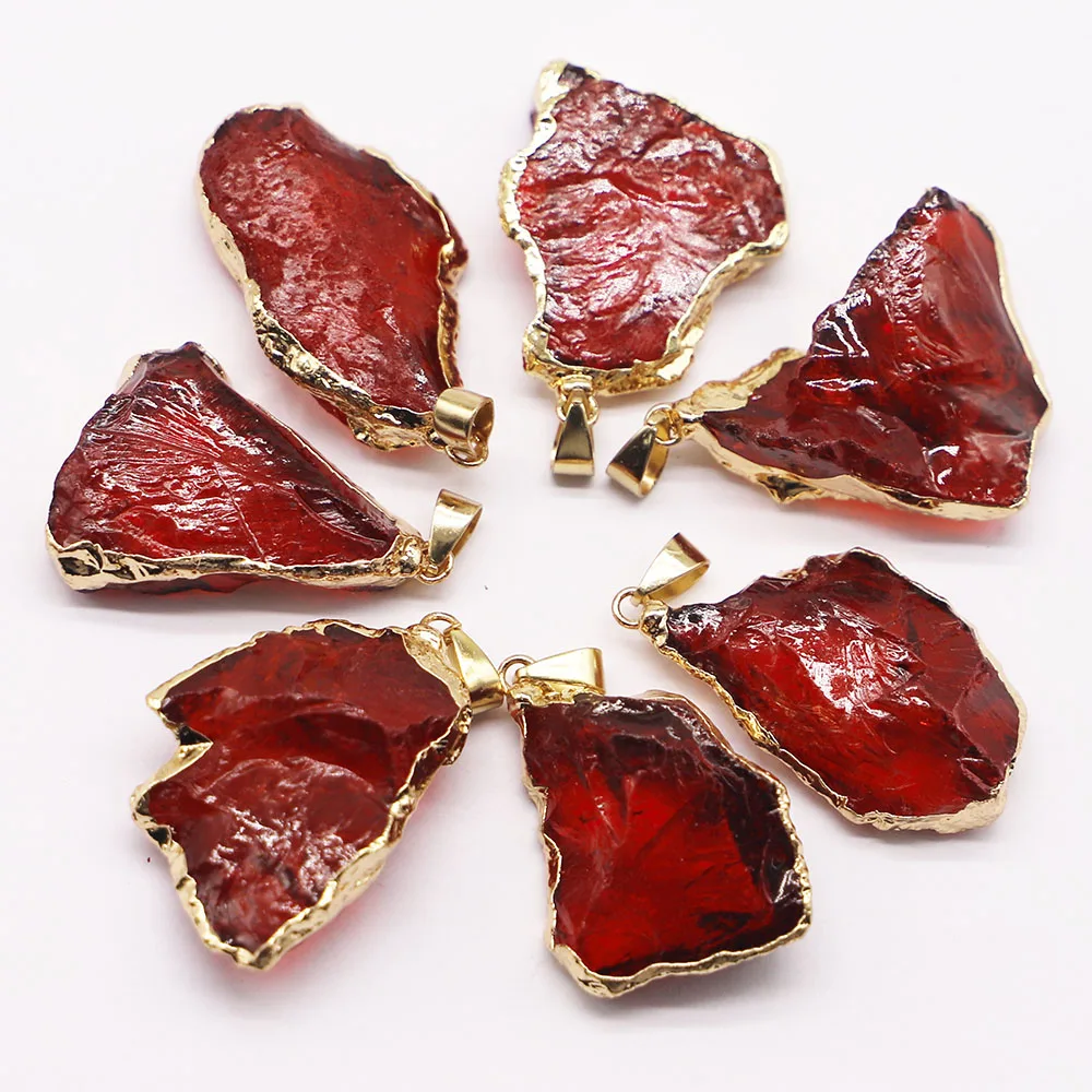 

Natural Stone Gold Plated Bezel Crystal Glass Pendants Dyed Red Rough Irregular Necklaces Charms Jewelry Making Accessories 8Pcs