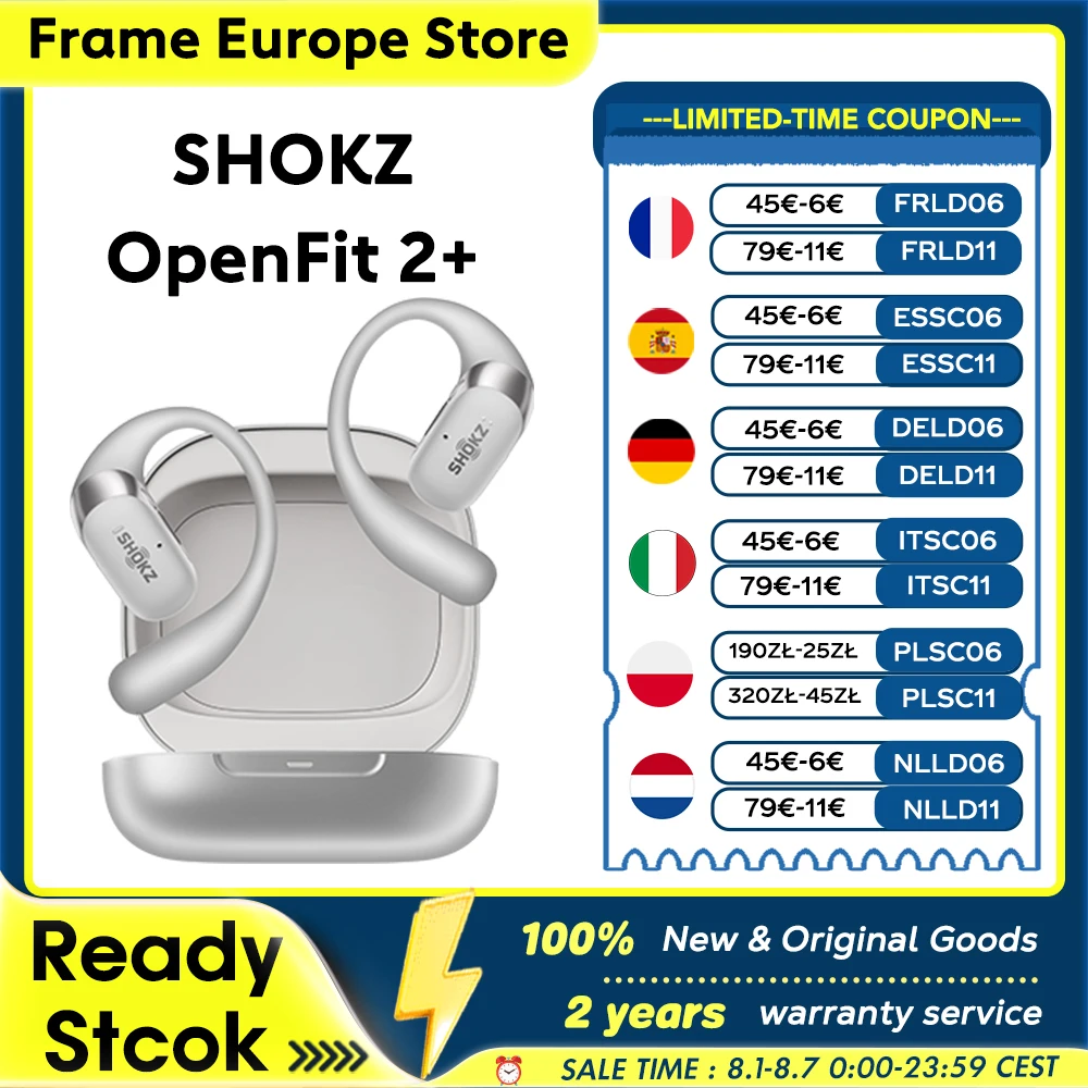 SHOKZ OpenFit 2+ T921 Freie-Ohr-Kopfhörer Dolby Audio Kompatibel 48 Stunden Akkulaufzeit IP55 Wasserdicht USB-C Kabelloses Laden Neu T921