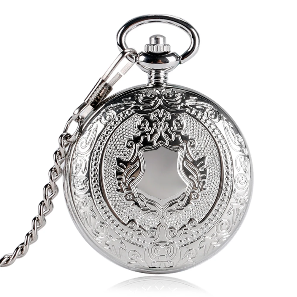 

Shield Pattern Silver Mechanical Hand Winding Pocket Watch Wedding Gift Men Arabic Numerals Dial Pendant Clock with Pocket Chain