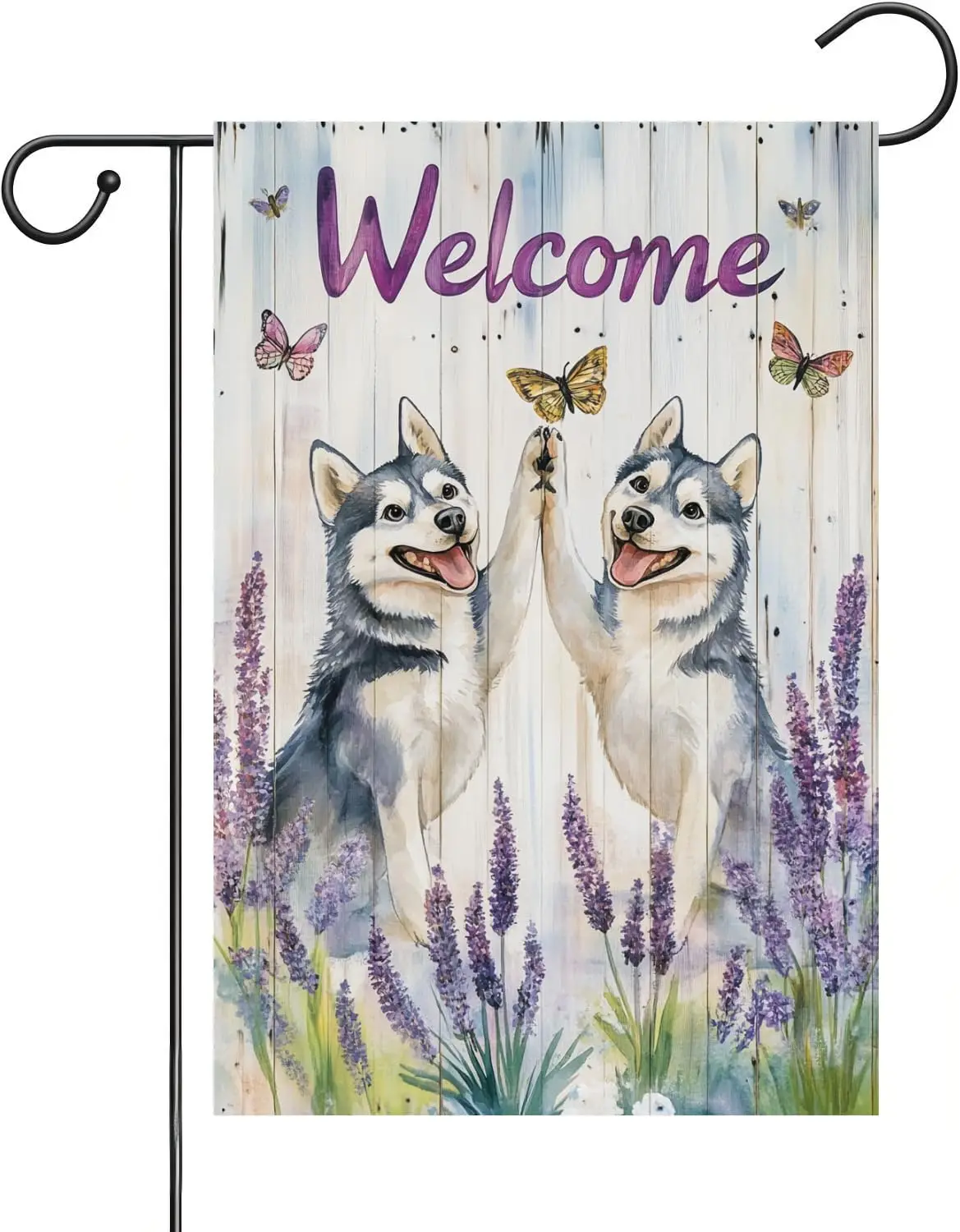 Welcome Summer Lavender Husky Garden Flag, Dogs high-fived each other Yard Outside Decoration, Spring Outdoor Small Burlap H ZZM
