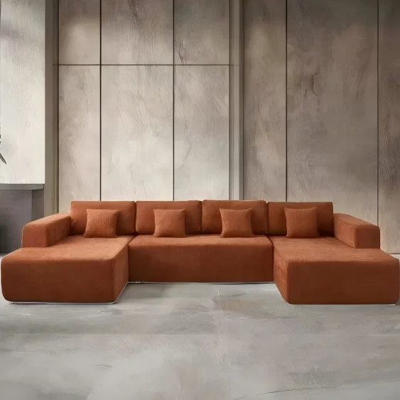 #Terracotta Jumbo Corduroy U Shape Sectional Sofa 6 Seater Oversized Lounge Couch with Throw Pillows for Living Room