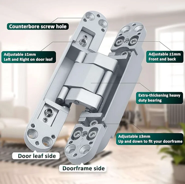 Imagem -02 - Dobradiças de Portas Ocultas Invisíveis Ajustável 3d para Porta Secreta Liga de Zinco Resistente 180 Graus Esconda as Dobradiças