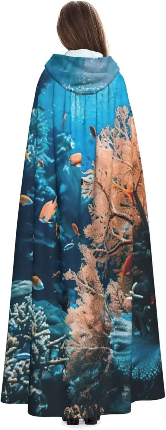 Coral Reef Print Adult Hooded Cloak With Halloween Christmas Witch Cape Robe Costume Party Supplies