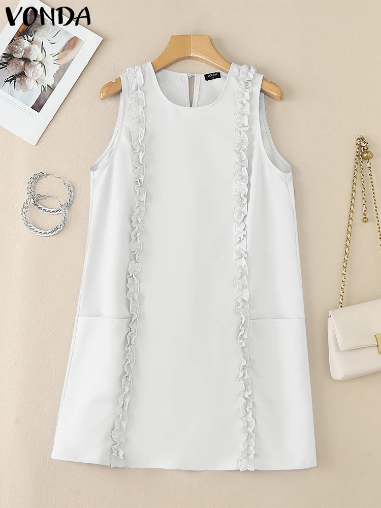 

VONDA Women Mini Dress Sleeveless Pockets Summer Vestidos Casual Fashion Sundress 2025 Solid Color O Neck Ruffled Robe Oversized