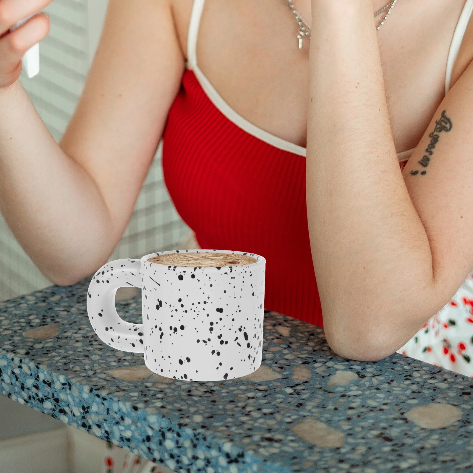 

Spotty Ceramic Coffee Mug Nordic Inspired Chunky Mug with Handle Short Fat Design for Tea Latte Juice Water Ceramic Tea Cup