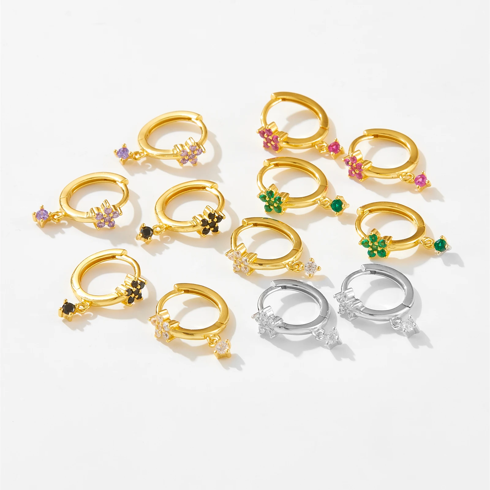 ANDYWEN 925 Sterling Silver Gold Rainbow CZ Flower Drop Earring Women Fine Jewelry Piercing Clips Jewels Round CZ Colorful Loops