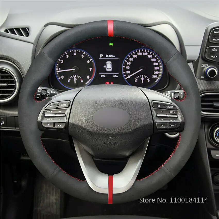 Hand-stitched Red Thread Black Suede Steering Wheel Covers for Hyundai Veloster i30 Elantra