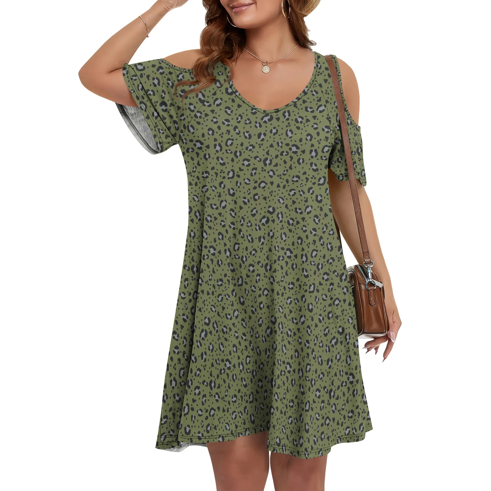 Damska sukienka mini w panterkę z krótkim rękawem, dekoltem w serek, odkrytymi ramionami, kieszenią i spódnicą w kształcie litery A, rozmiary XS-3XL, styl Boho Luxe.